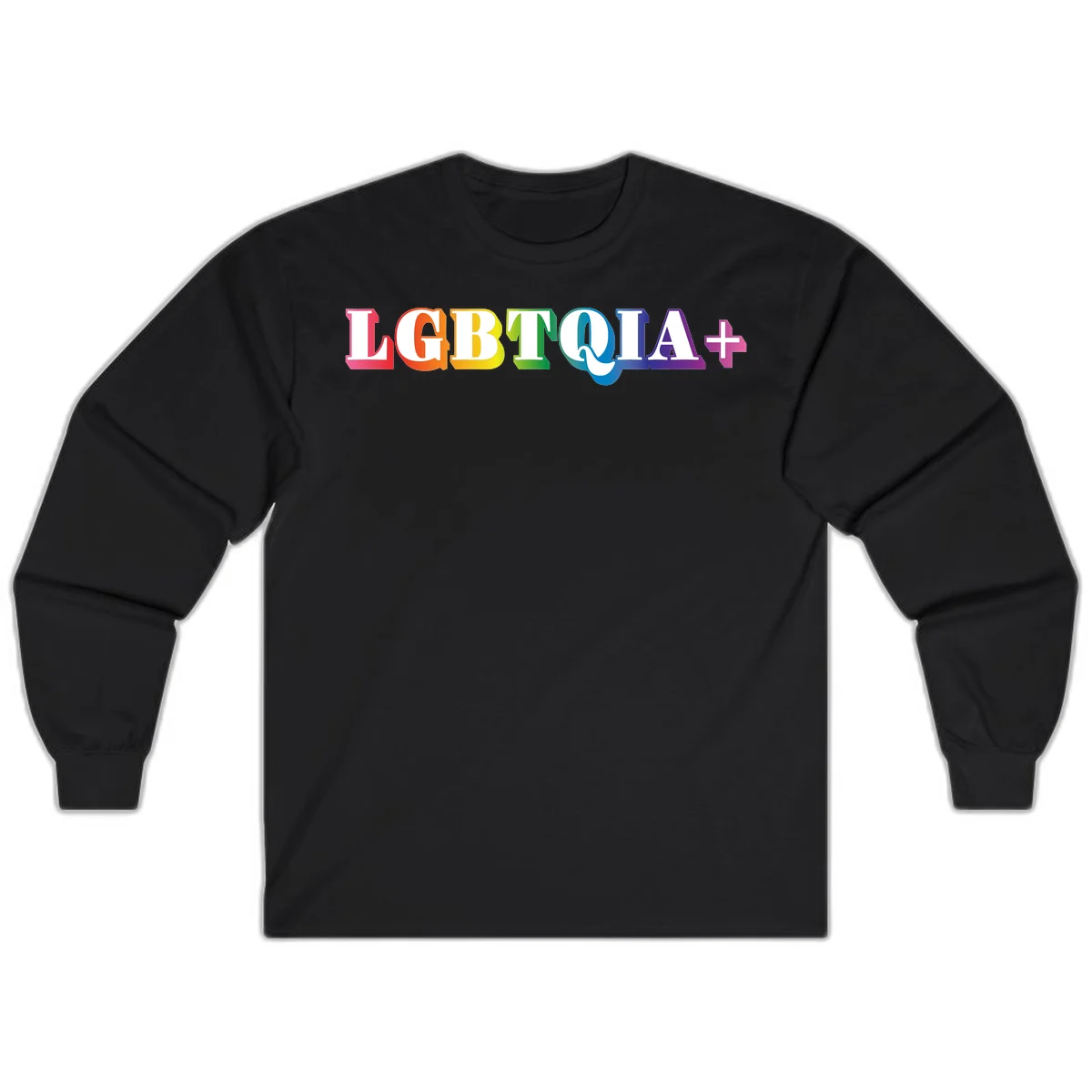 Colorful LGBTQIA+ text with each letter in rainbow colors (pink, red, orange, yellow, green, teal, blue, purple) on gray background in Black