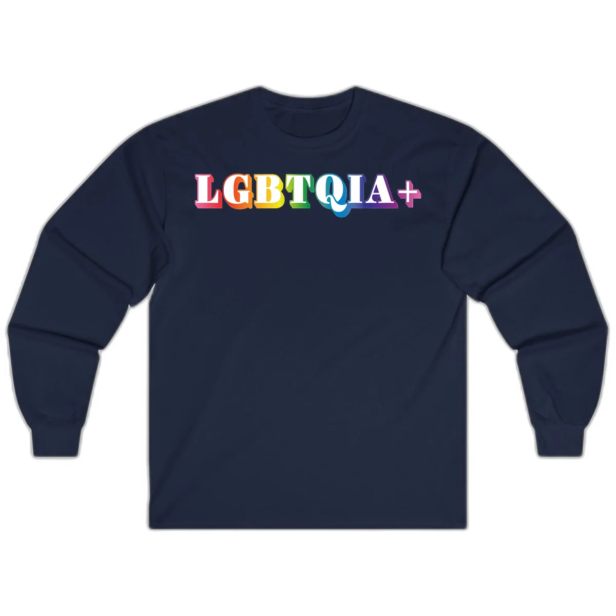 Colorful LGBTQIA+ text with each letter in rainbow colors (pink, red, orange, yellow, green, teal, blue, purple) on gray background in Navy