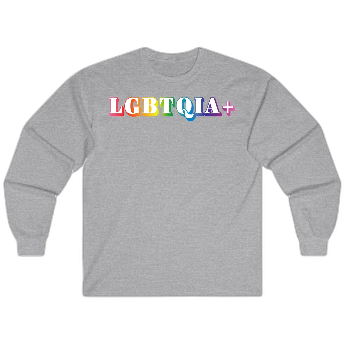 Colorful LGBTQIA+ text with each letter in rainbow colors (pink, red, orange, yellow, green, teal, blue, purple) on gray background in Sport Grey