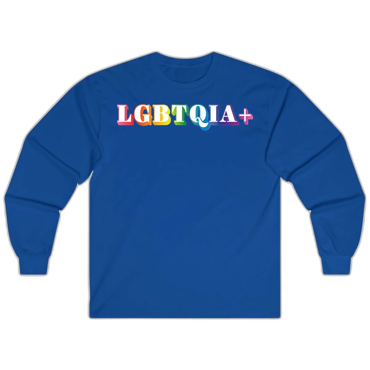 Colorful LGBTQIA+ text with each letter in rainbow colors (pink, red, orange, yellow, green, teal, blue, purple) on gray background in Royal