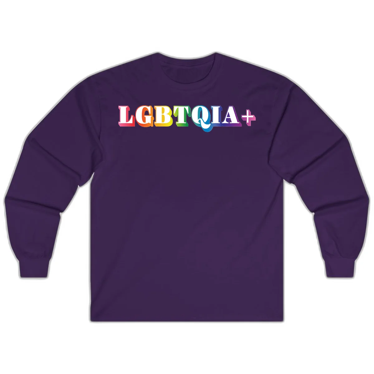 Colorful LGBTQIA+ text with each letter in rainbow colors (pink, red, orange, yellow, green, teal, blue, purple) on gray background in Purple
