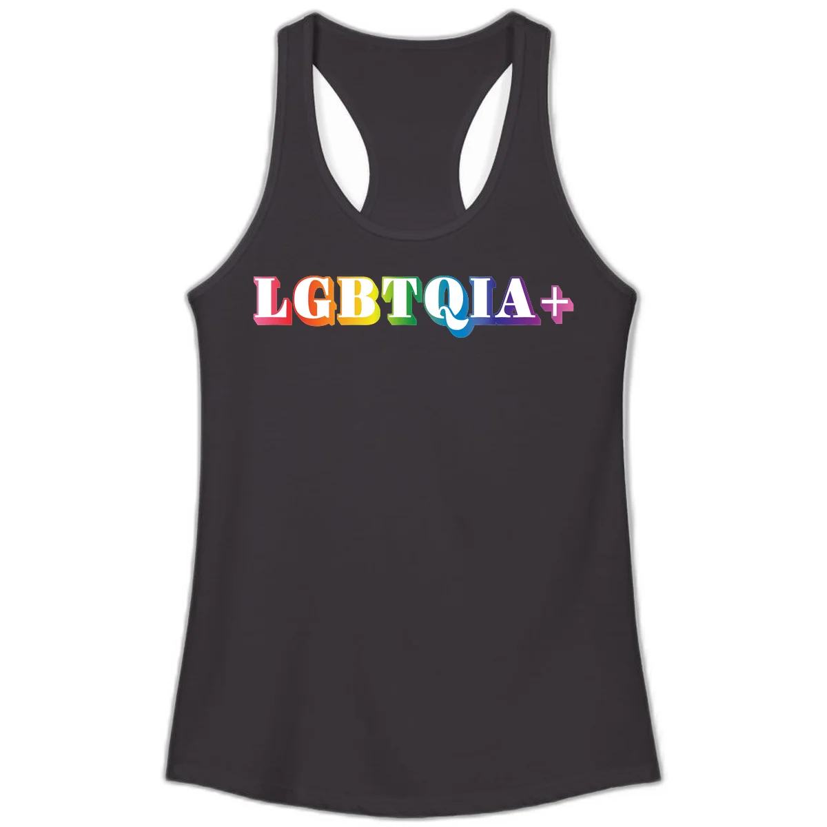 Colorful LGBTQIA+ text with each letter in rainbow colors (pink, red, orange, yellow, green, teal, blue, purple) on gray background in Black