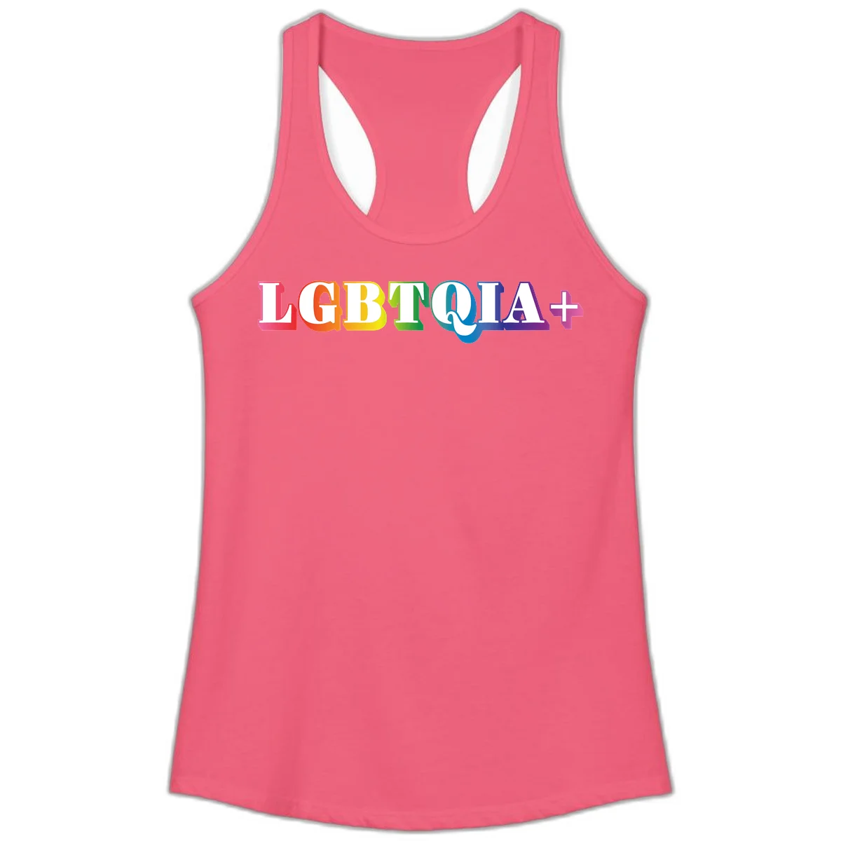 Colorful LGBTQIA+ text with each letter in rainbow colors (pink, red, orange, yellow, green, teal, blue, purple) on gray background in Hot Pink