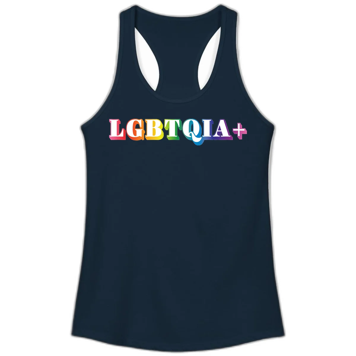 Colorful LGBTQIA+ text with each letter in rainbow colors (pink, red, orange, yellow, green, teal, blue, purple) on gray background in Solid Midnight Navy
