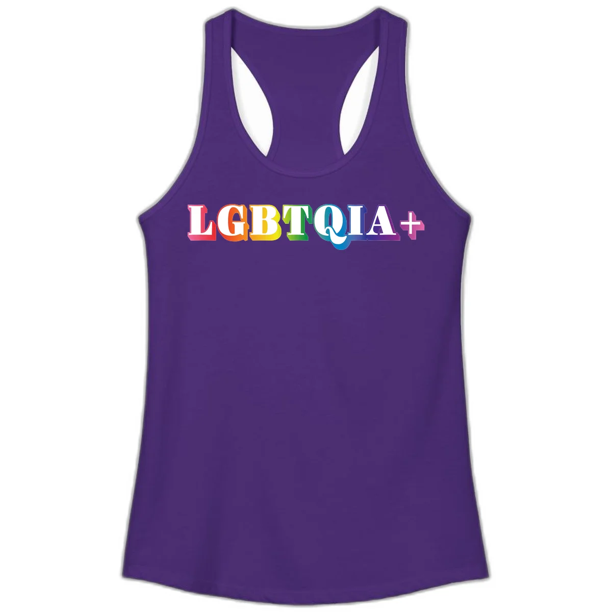 Colorful LGBTQIA+ text with each letter in rainbow colors (pink, red, orange, yellow, green, teal, blue, purple) on gray background in Solid Purple Rush