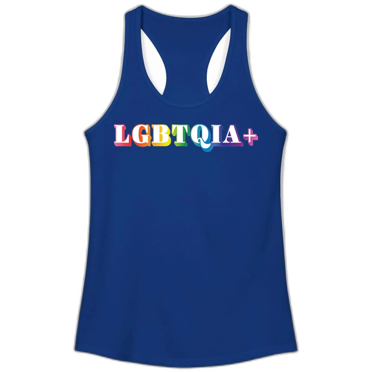 Colorful LGBTQIA+ text with each letter in rainbow colors (pink, red, orange, yellow, green, teal, blue, purple) on gray background in Solid Royal