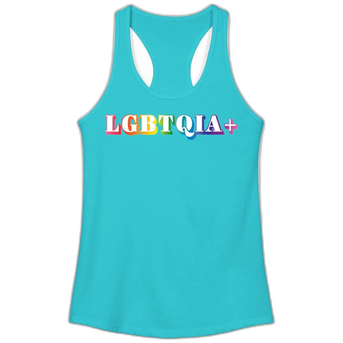 Colorful LGBTQIA+ text with each letter in rainbow colors (pink, red, orange, yellow, green, teal, blue, purple) on gray background in Solid Tahiti Blue