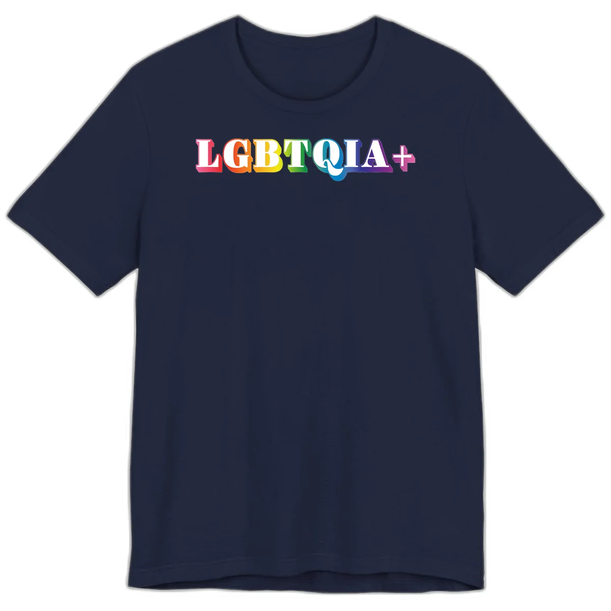 Colorful LGBTQIA+ text with each letter in rainbow colors (pink, red, orange, yellow, green, teal, blue, purple) on gray background in Navy