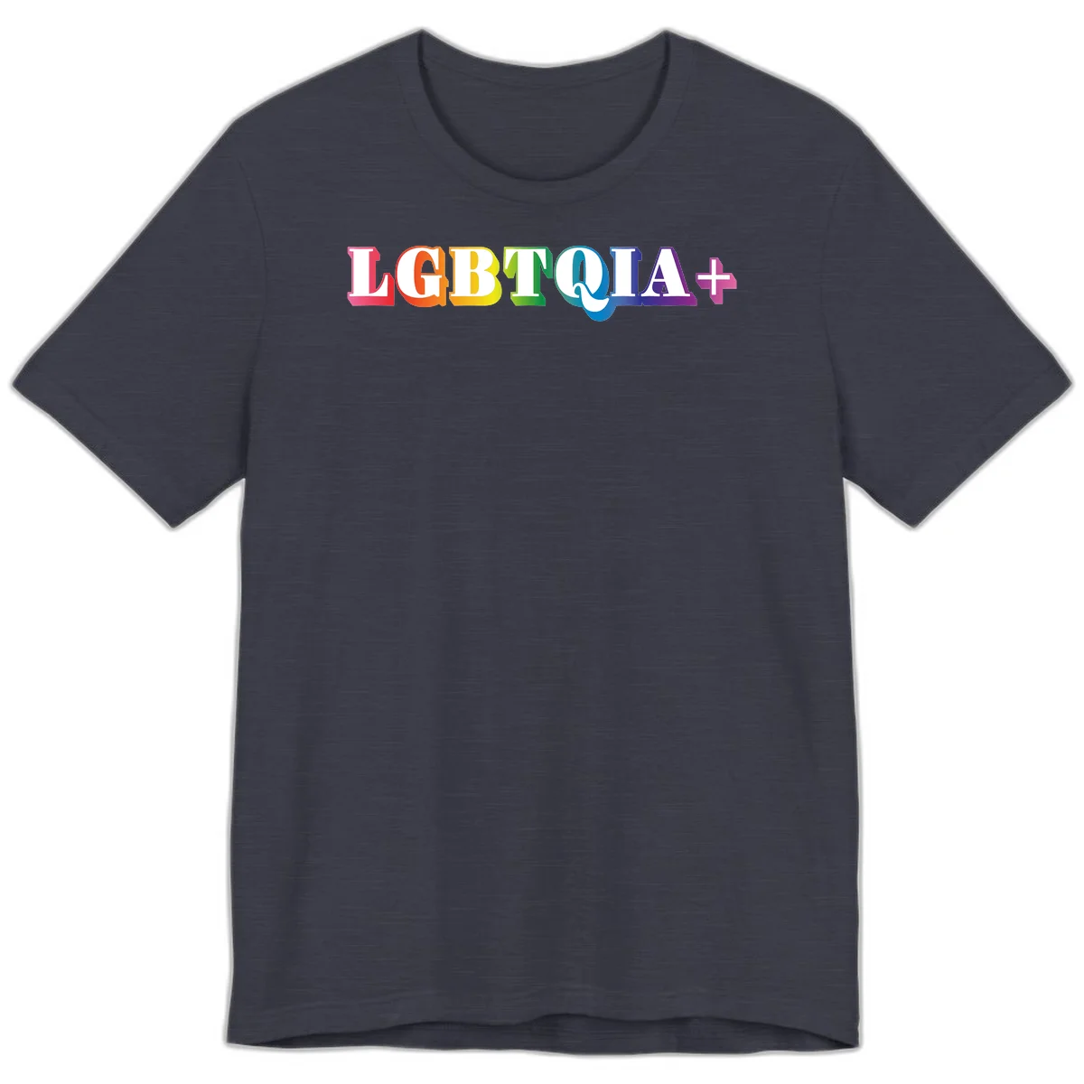 Colorful LGBTQIA+ text with each letter in rainbow colors (pink, red, orange, yellow, green, teal, blue, purple) on gray background in Heather Midnight Navy