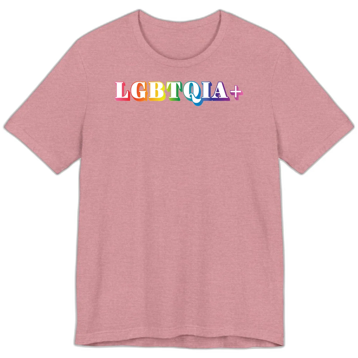 Colorful LGBTQIA+ text with each letter in rainbow colors (pink, red, orange, yellow, green, teal, blue, purple) on gray background in Heather Orchid