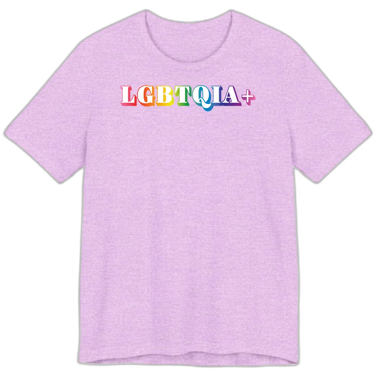 Colorful LGBTQIA+ text with each letter in rainbow colors (pink, red, orange, yellow, green, teal, blue, purple) on gray background in Heather Prism Lilac