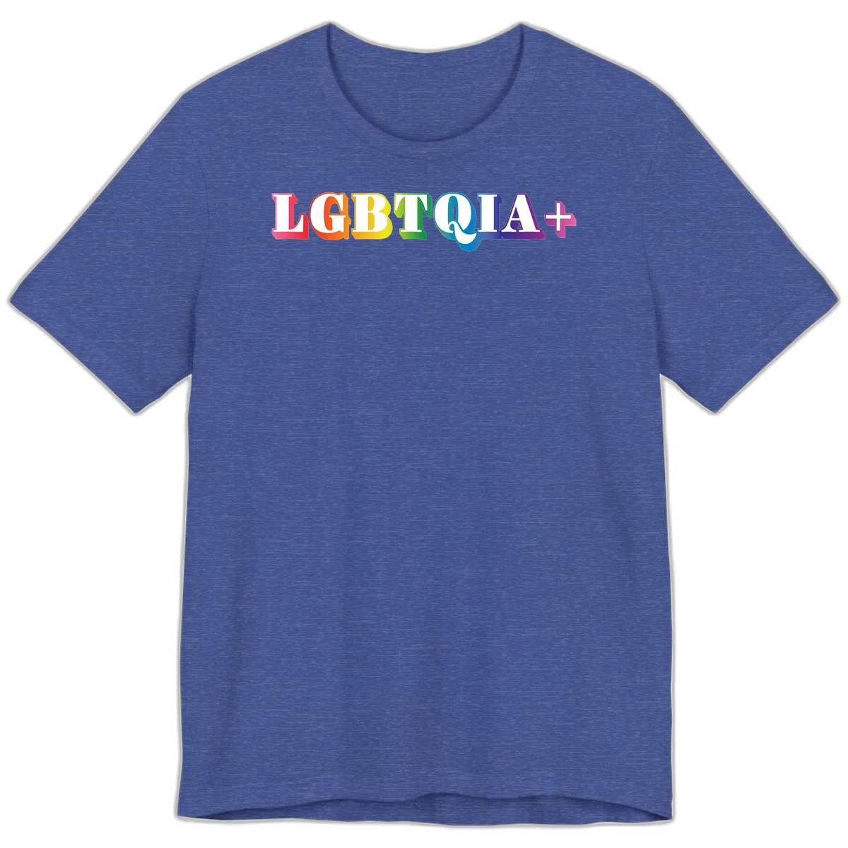 Colorful LGBTQIA+ text with each letter in rainbow colors (pink, red, orange, yellow, green, teal, blue, purple) on gray background in Heather True Royal