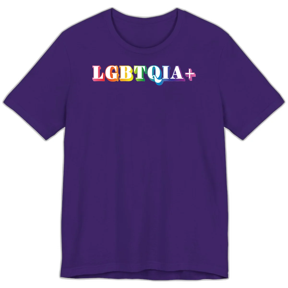 Colorful LGBTQIA+ text with each letter in rainbow colors (pink, red, orange, yellow, green, teal, blue, purple) on gray background in Team Purple