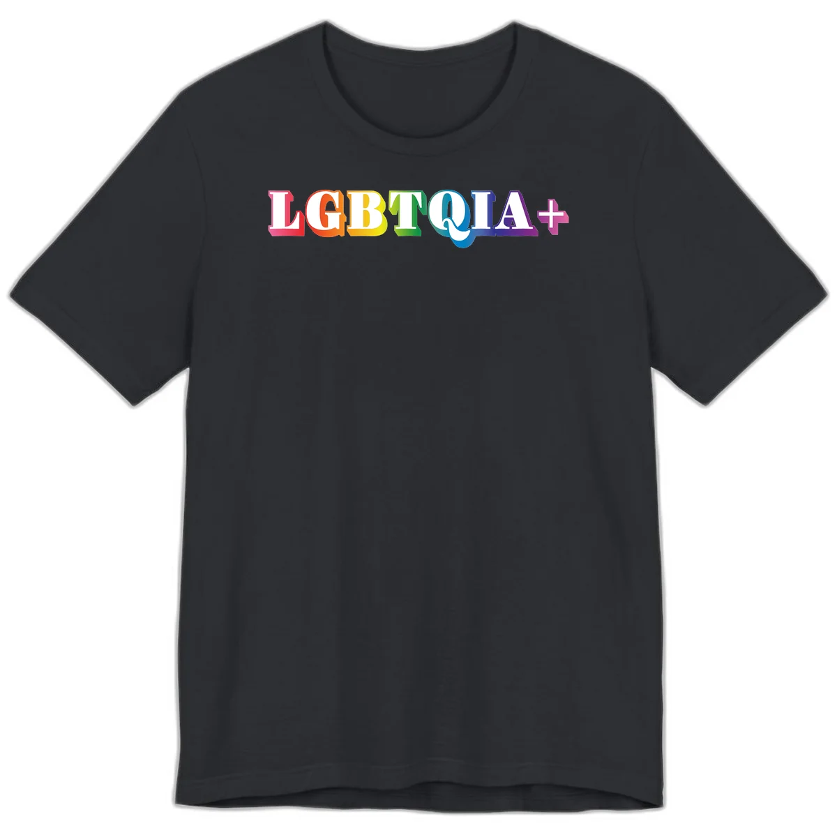 Colorful LGBTQIA+ text with each letter in rainbow colors (pink, red, orange, yellow, green, teal, blue, purple) on gray background in Vintage Black