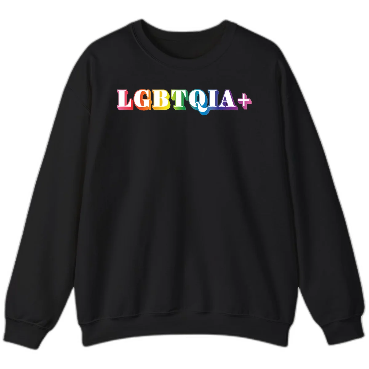 Colorful LGBTQIA+ text with each letter in rainbow colors (pink, red, orange, yellow, green, teal, blue, purple) on gray background in Black