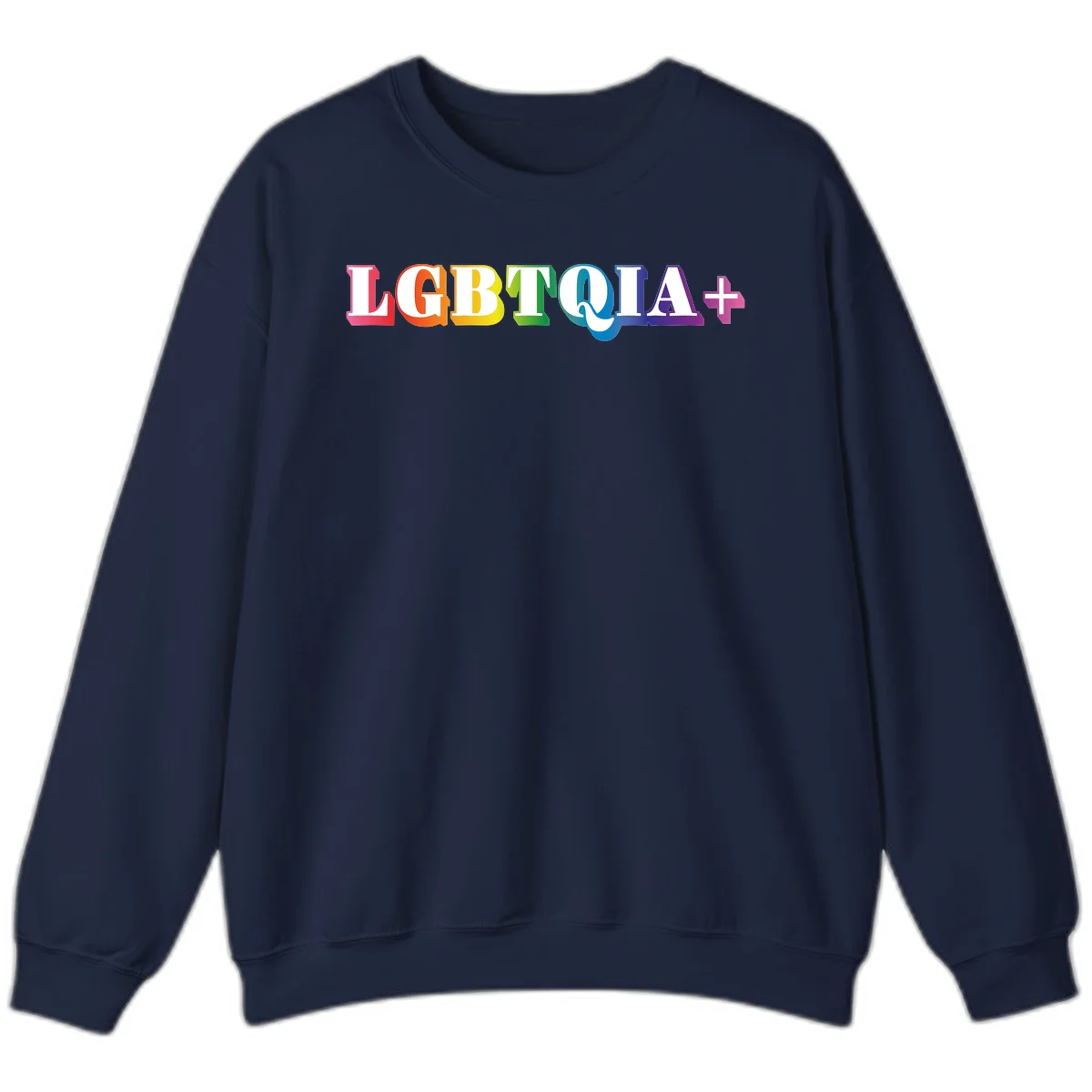 Colorful LGBTQIA+ text with each letter in rainbow colors (pink, red, orange, yellow, green, teal, blue, purple) on gray background in Navy