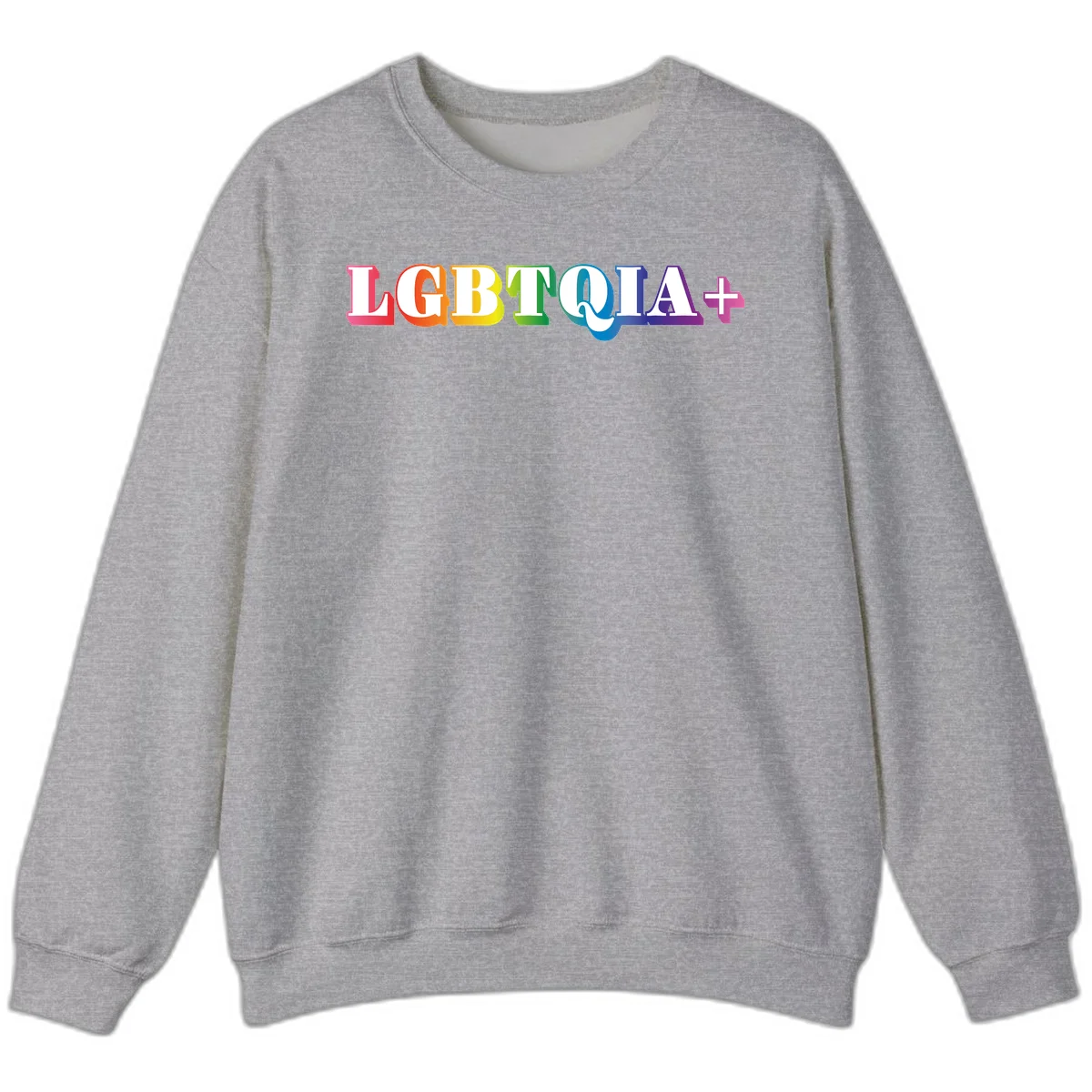 Colorful LGBTQIA+ text with each letter in rainbow colors (pink, red, orange, yellow, green, teal, blue, purple) on gray background in Sport Grey