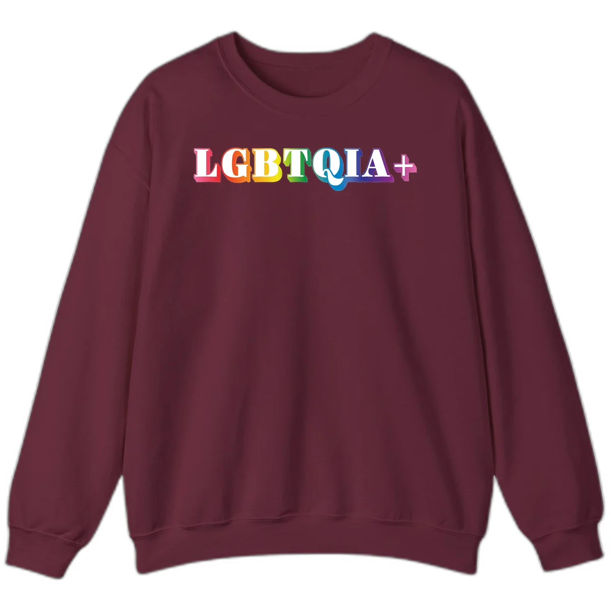 Colorful LGBTQIA+ text with each letter in rainbow colors (pink, red, orange, yellow, green, teal, blue, purple) on gray background in Maroon