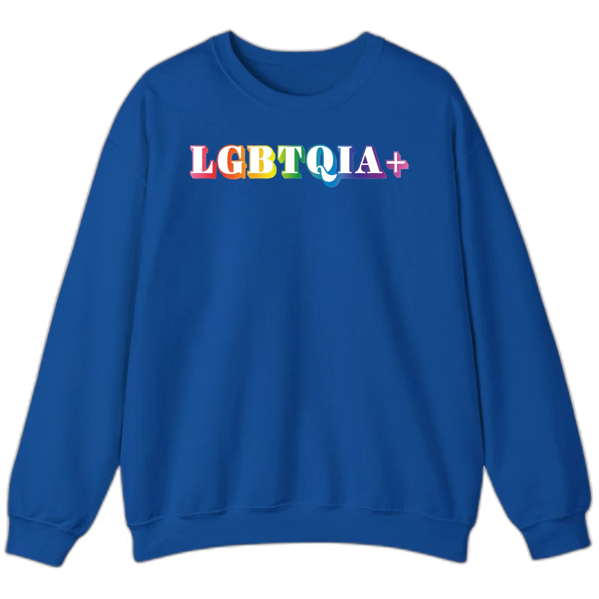 Colorful LGBTQIA+ text with each letter in rainbow colors (pink, red, orange, yellow, green, teal, blue, purple) on gray background in Royal