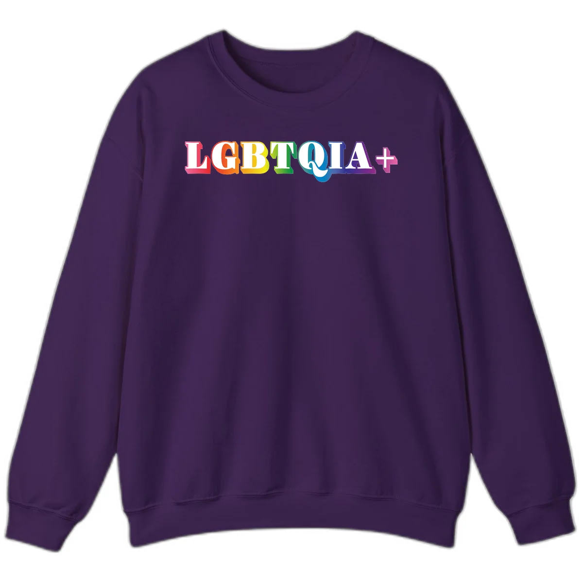 Colorful LGBTQIA+ text with each letter in rainbow colors (pink, red, orange, yellow, green, teal, blue, purple) on gray background in Purple