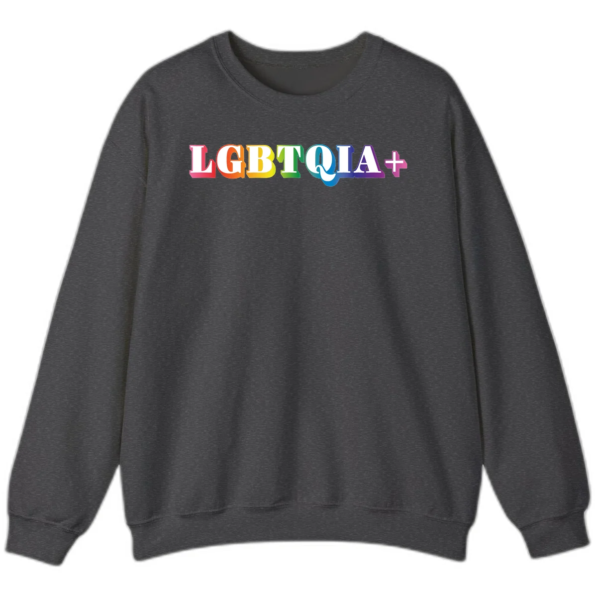 Colorful LGBTQIA+ text with each letter in rainbow colors (pink, red, orange, yellow, green, teal, blue, purple) on gray background in Dark Heather