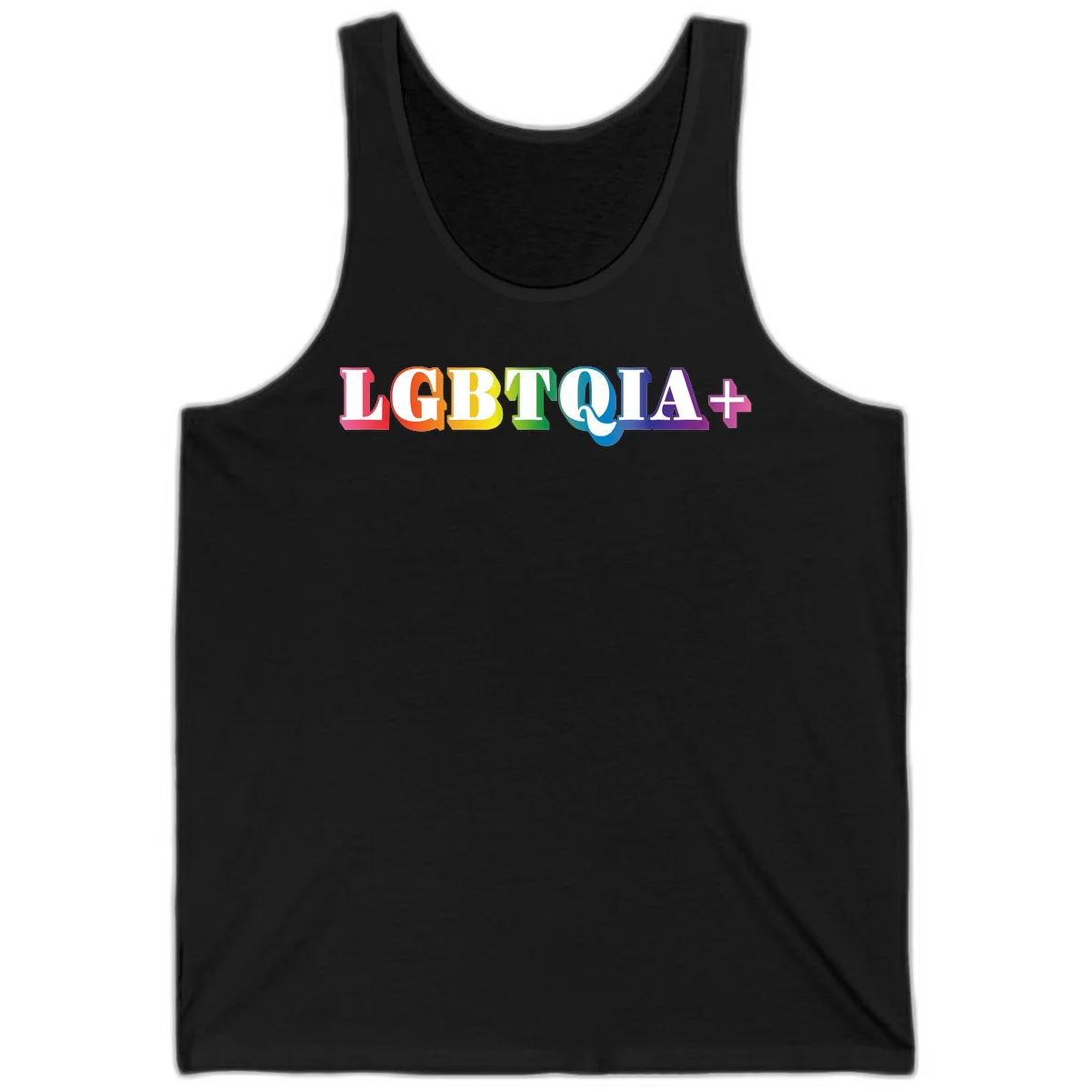 Colorful LGBTQIA+ text with each letter in rainbow colors (pink, red, orange, yellow, green, teal, blue, purple) on gray background in Black