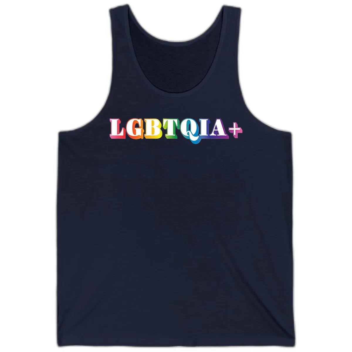 Colorful LGBTQIA+ text with each letter in rainbow colors (pink, red, orange, yellow, green, teal, blue, purple) on gray background in Navy
