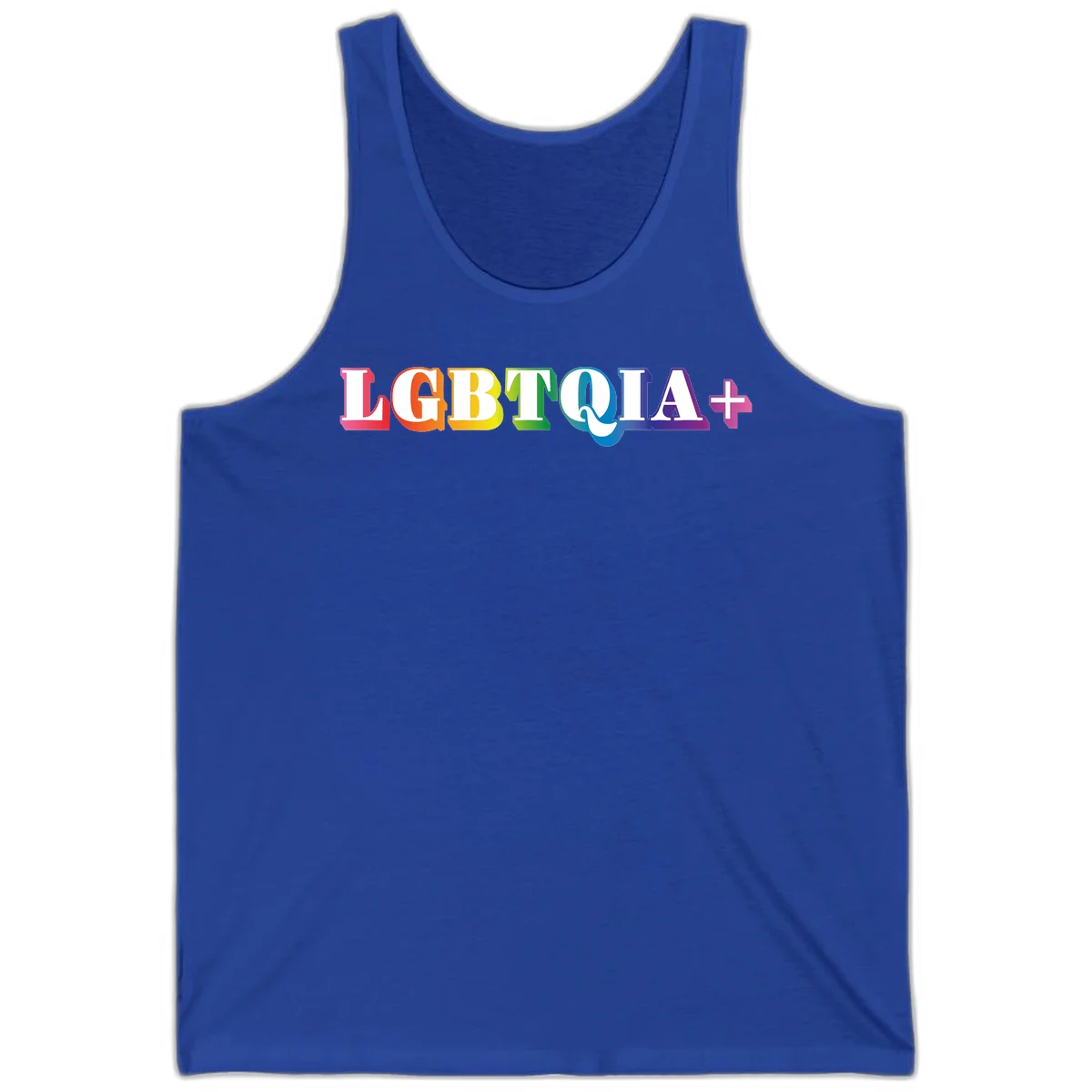 Colorful LGBTQIA+ text with each letter in rainbow colors (pink, red, orange, yellow, green, teal, blue, purple) on gray background in True Royal