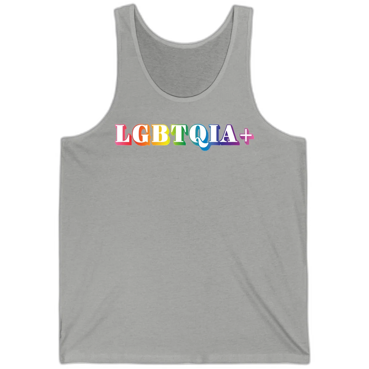 Colorful LGBTQIA+ text with each letter in rainbow colors (pink, red, orange, yellow, green, teal, blue, purple) on gray background in Athletic Heather