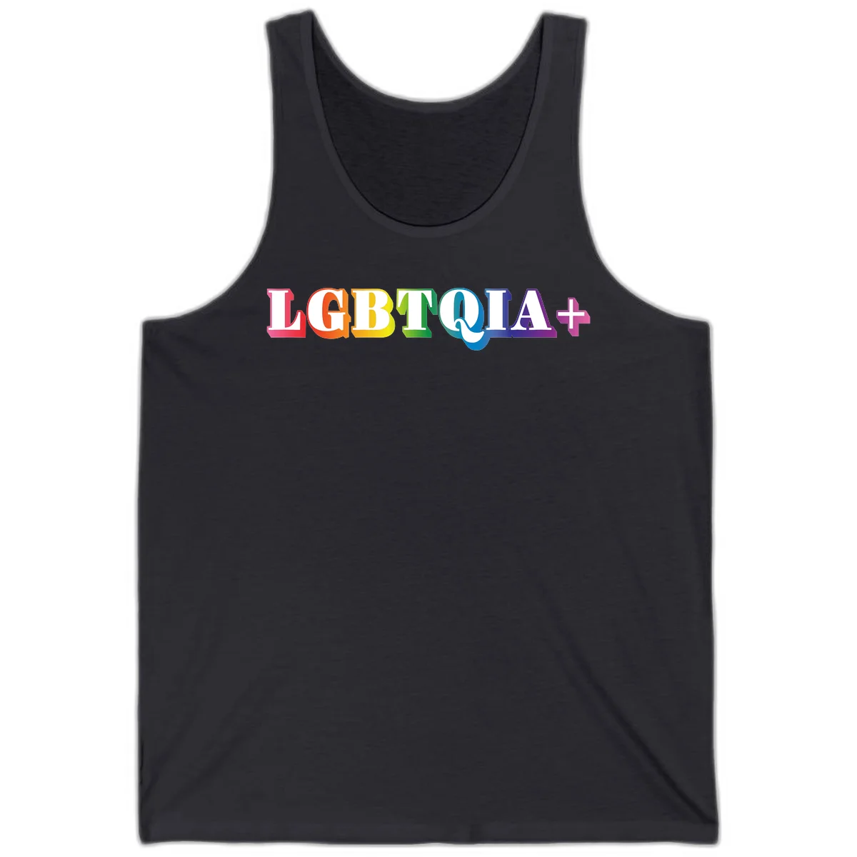 Colorful LGBTQIA+ text with each letter in rainbow colors (pink, red, orange, yellow, green, teal, blue, purple) on gray background in Dark Grey