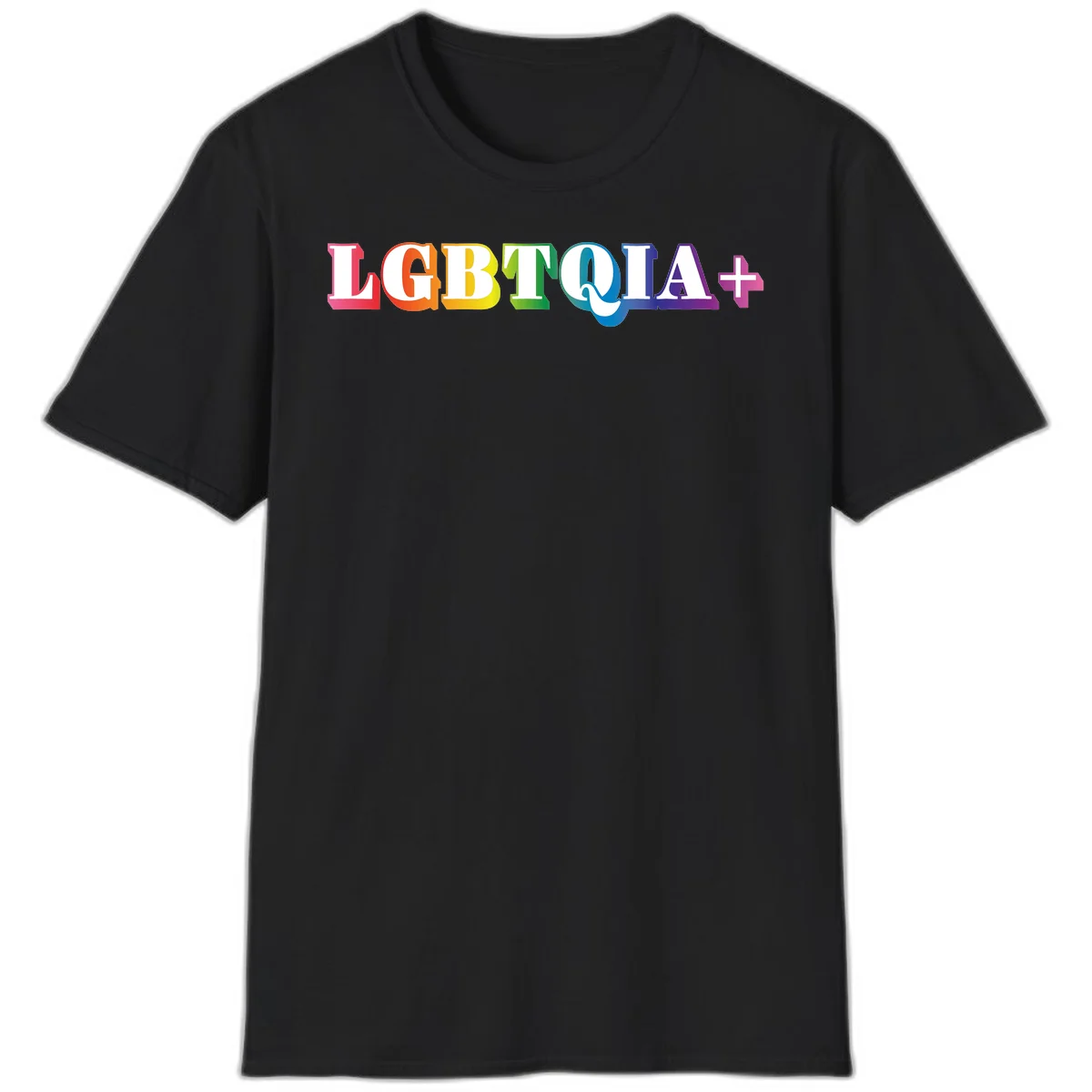 Colorful LGBTQIA+ text with each letter in rainbow colors (pink, red, orange, yellow, green, teal, blue, purple) on gray background in Black