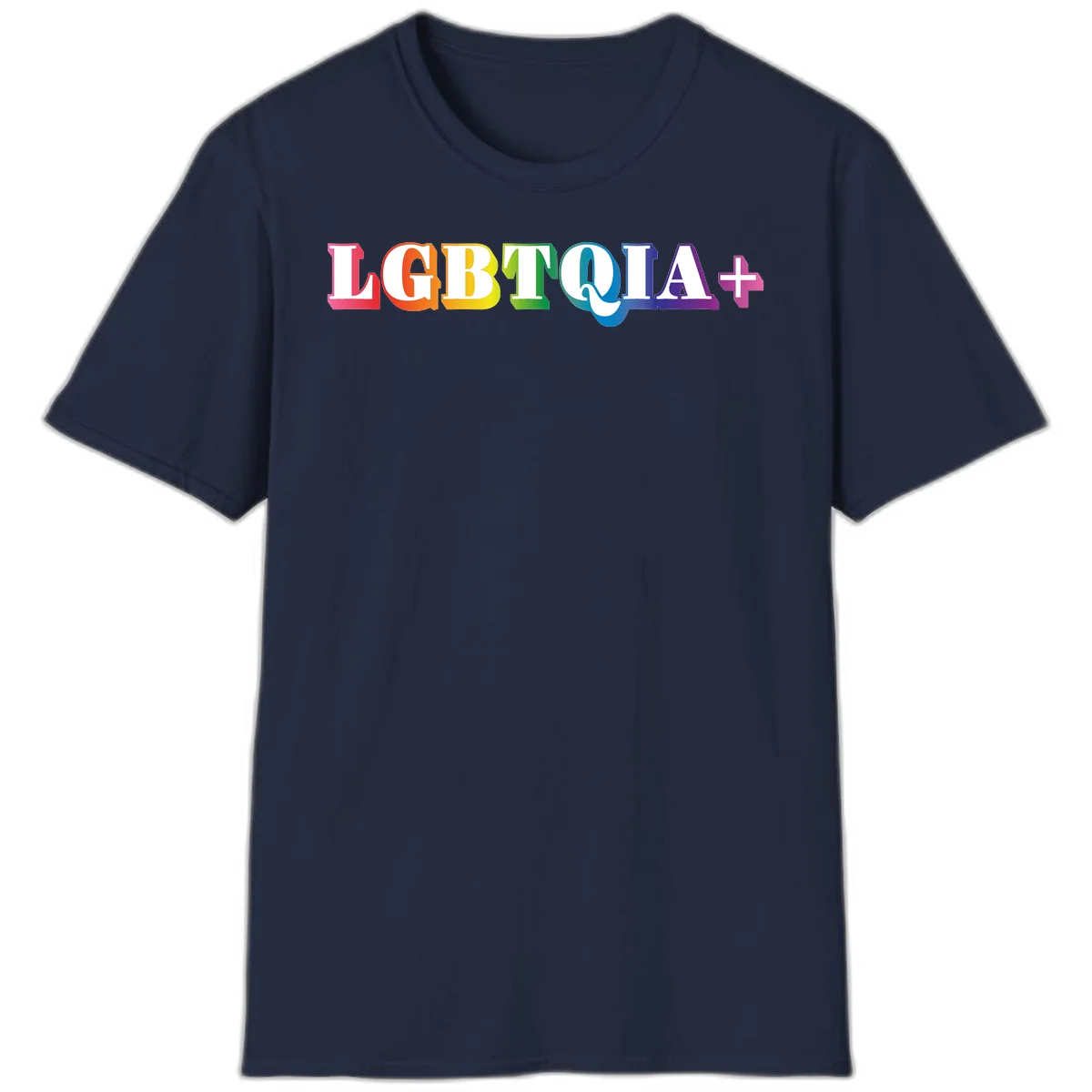 Colorful LGBTQIA+ text with each letter in rainbow colors (pink, red, orange, yellow, green, teal, blue, purple) on gray background in Navy