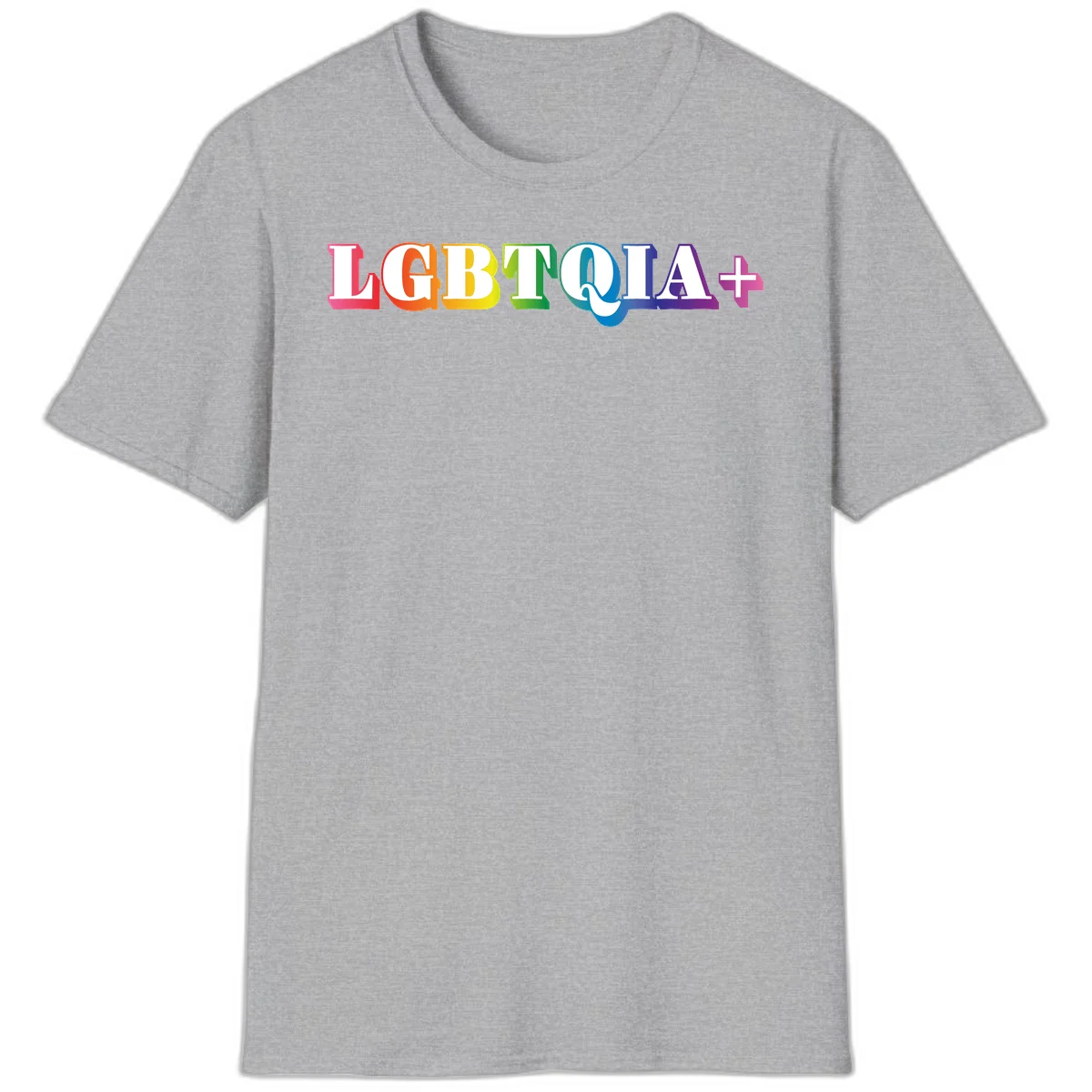 Colorful LGBTQIA+ text with each letter in rainbow colors (pink, red, orange, yellow, green, teal, blue, purple) on gray background in Sport Grey