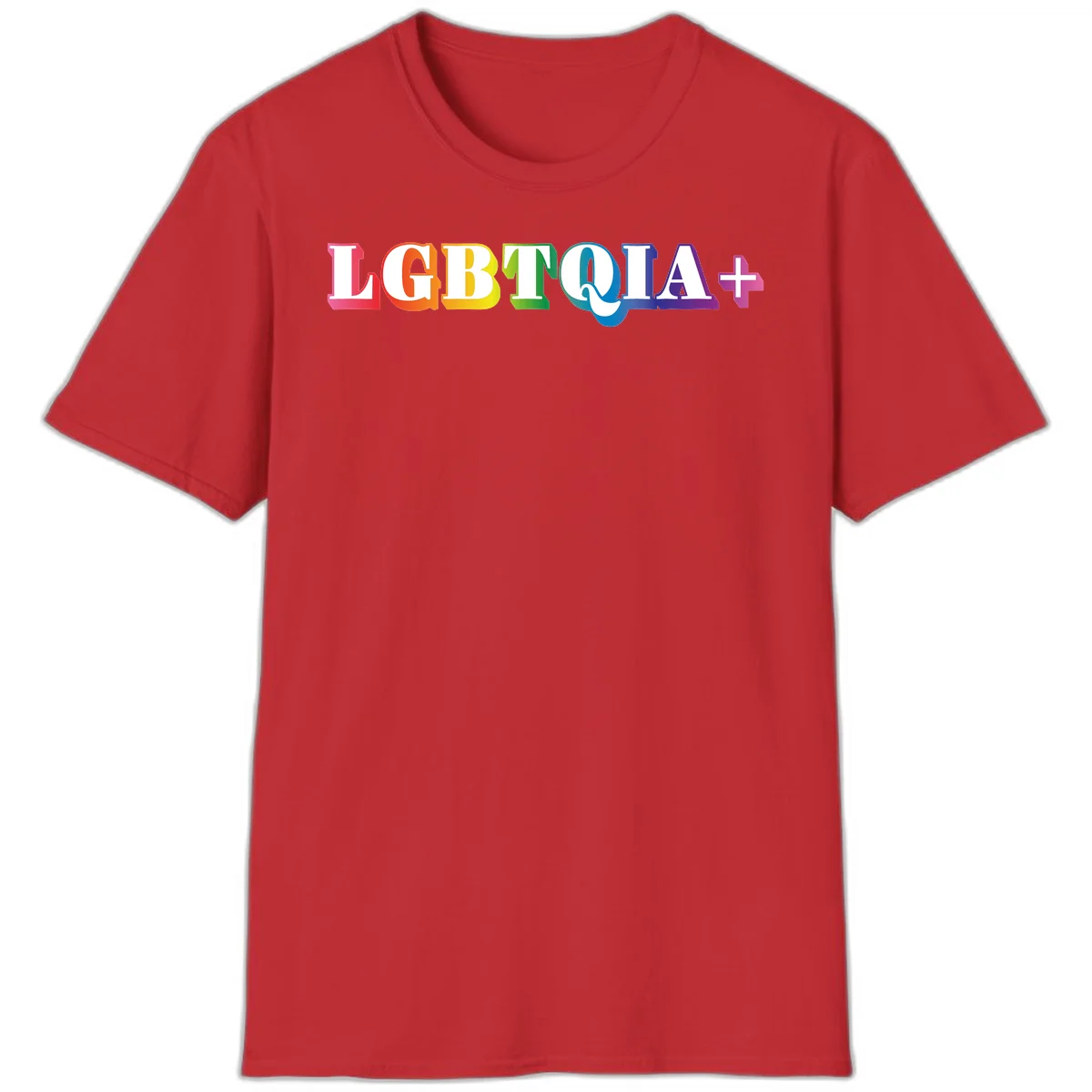 Colorful LGBTQIA+ text with each letter in rainbow colors (pink, red, orange, yellow, green, teal, blue, purple) on gray background in Red
