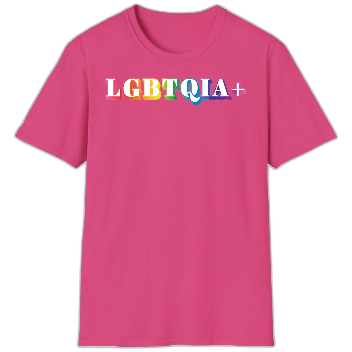 Colorful LGBTQIA+ text with each letter in rainbow colors (pink, red, orange, yellow, green, teal, blue, purple) on gray background in Heliconia