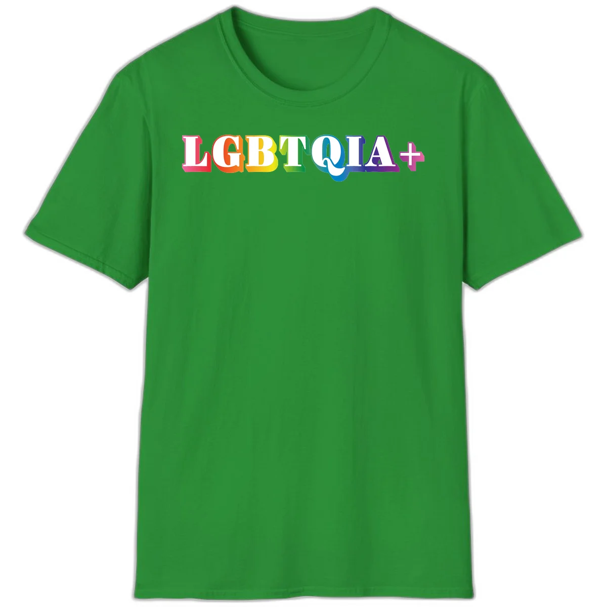 Colorful LGBTQIA+ text with each letter in rainbow colors (pink, red, orange, yellow, green, teal, blue, purple) on gray background in Irish Green
