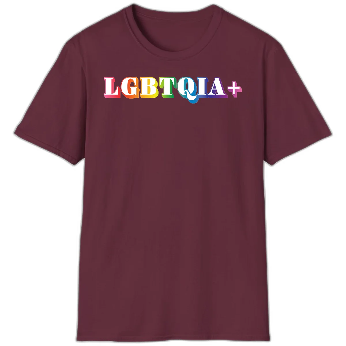 Colorful LGBTQIA+ text with each letter in rainbow colors (pink, red, orange, yellow, green, teal, blue, purple) on gray background in Maroon