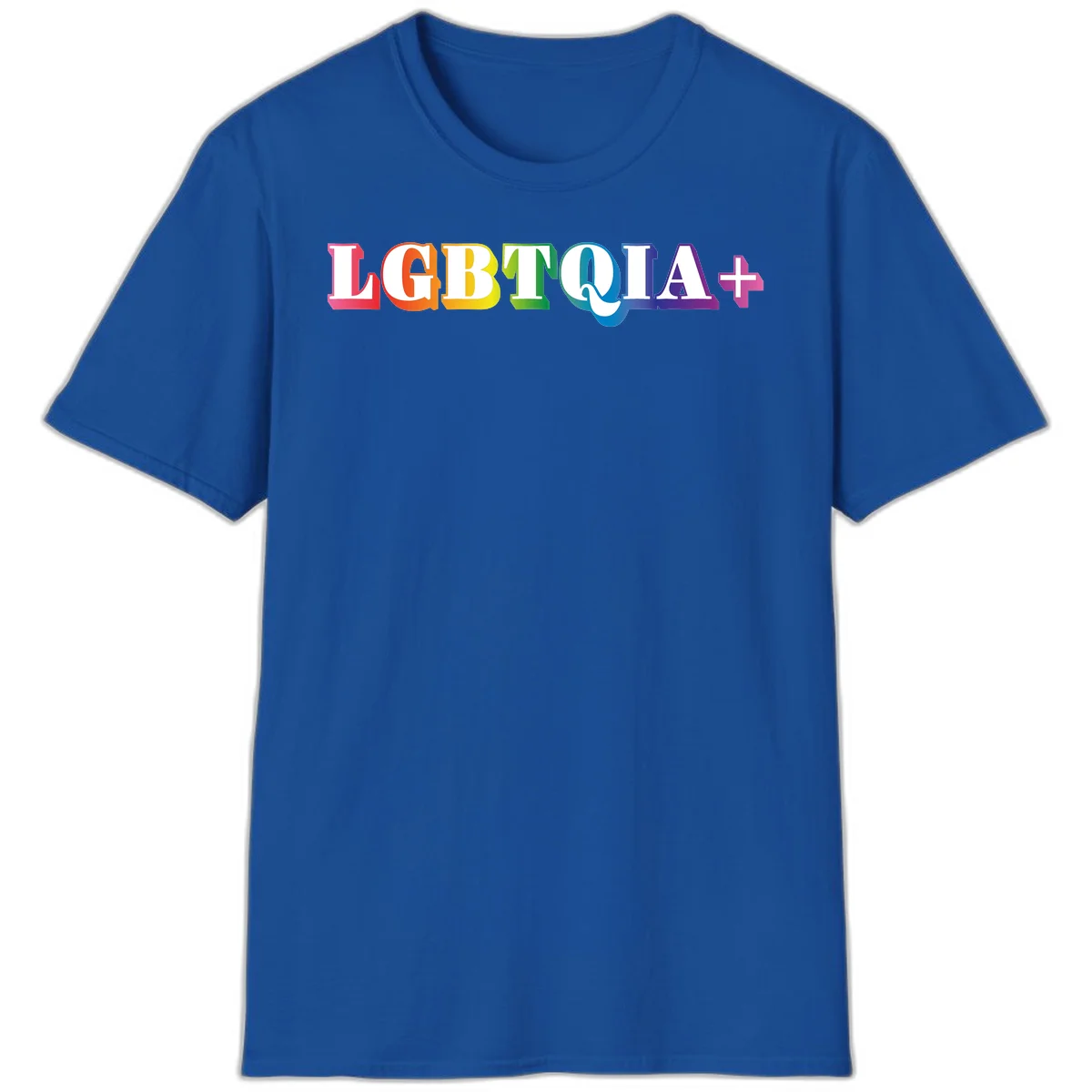 Colorful LGBTQIA+ text with each letter in rainbow colors (pink, red, orange, yellow, green, teal, blue, purple) on gray background in Royal