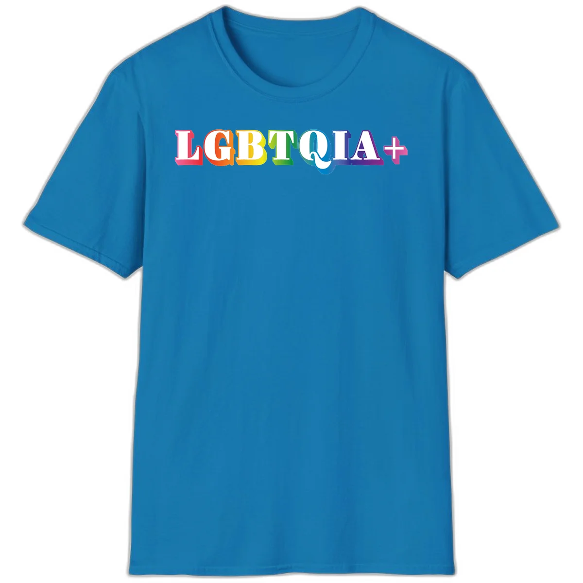 Colorful LGBTQIA+ text with each letter in rainbow colors (pink, red, orange, yellow, green, teal, blue, purple) on gray background in Sapphire
