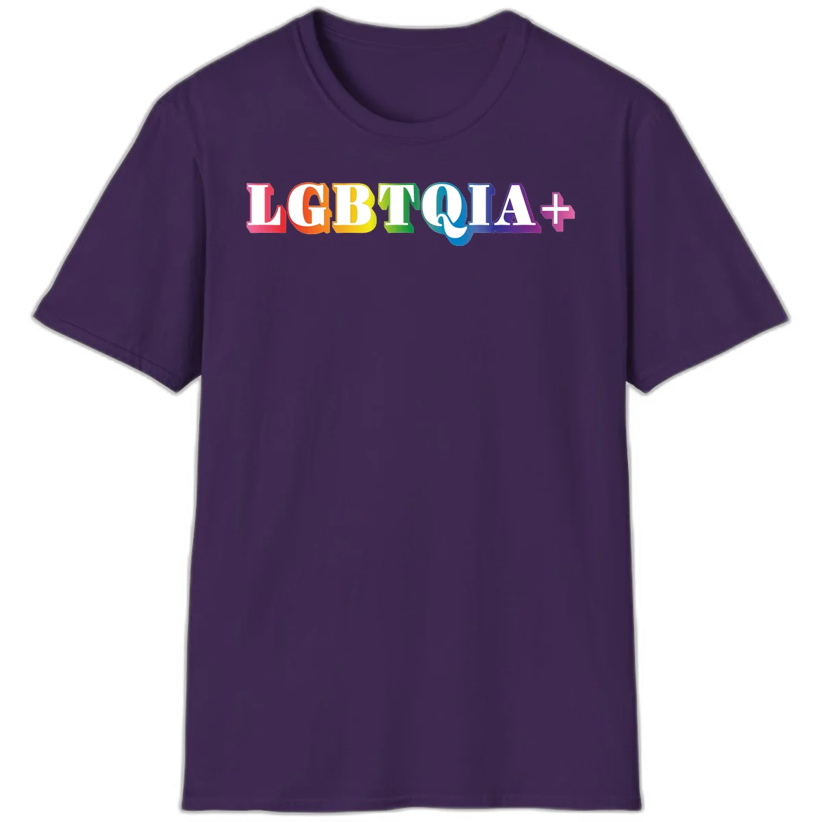 Colorful LGBTQIA+ text with each letter in rainbow colors (pink, red, orange, yellow, green, teal, blue, purple) on gray background in Purple