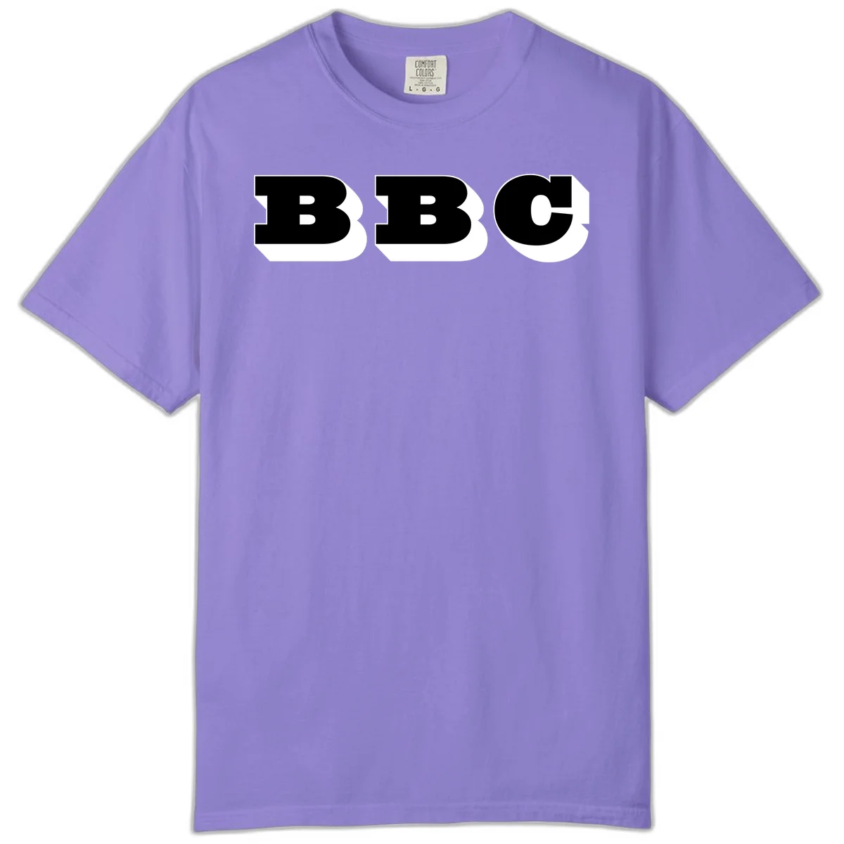 BBC bold typography design featuring three large geometric letters in black with white dimensional elements on gray background in Violet