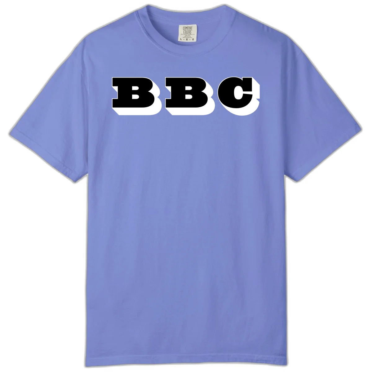 BBC bold typography design featuring three large geometric letters in black with white dimensional elements on gray background in Flo Blue