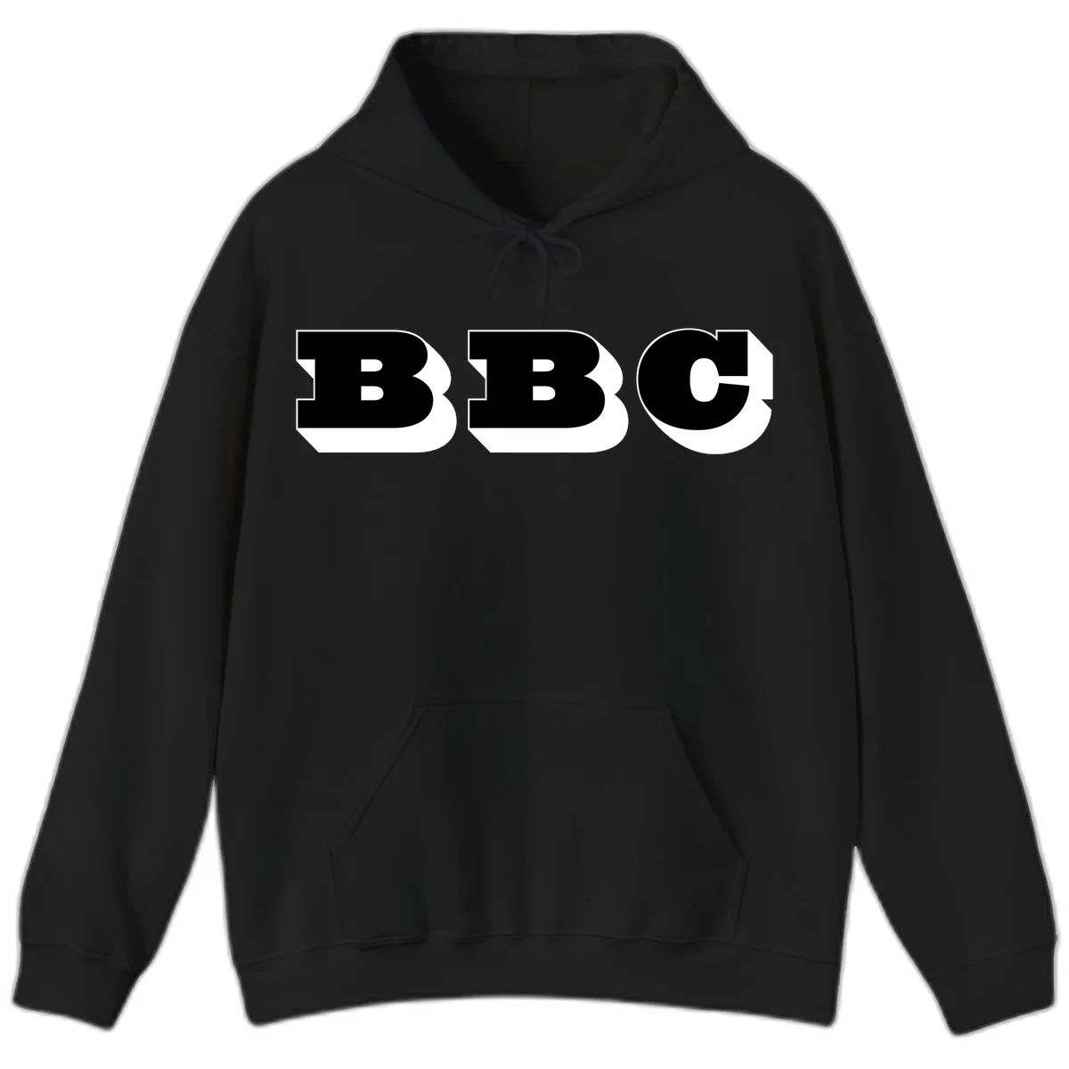 BBC bold typography design featuring three large geometric letters in black with white dimensional elements on gray background in Black