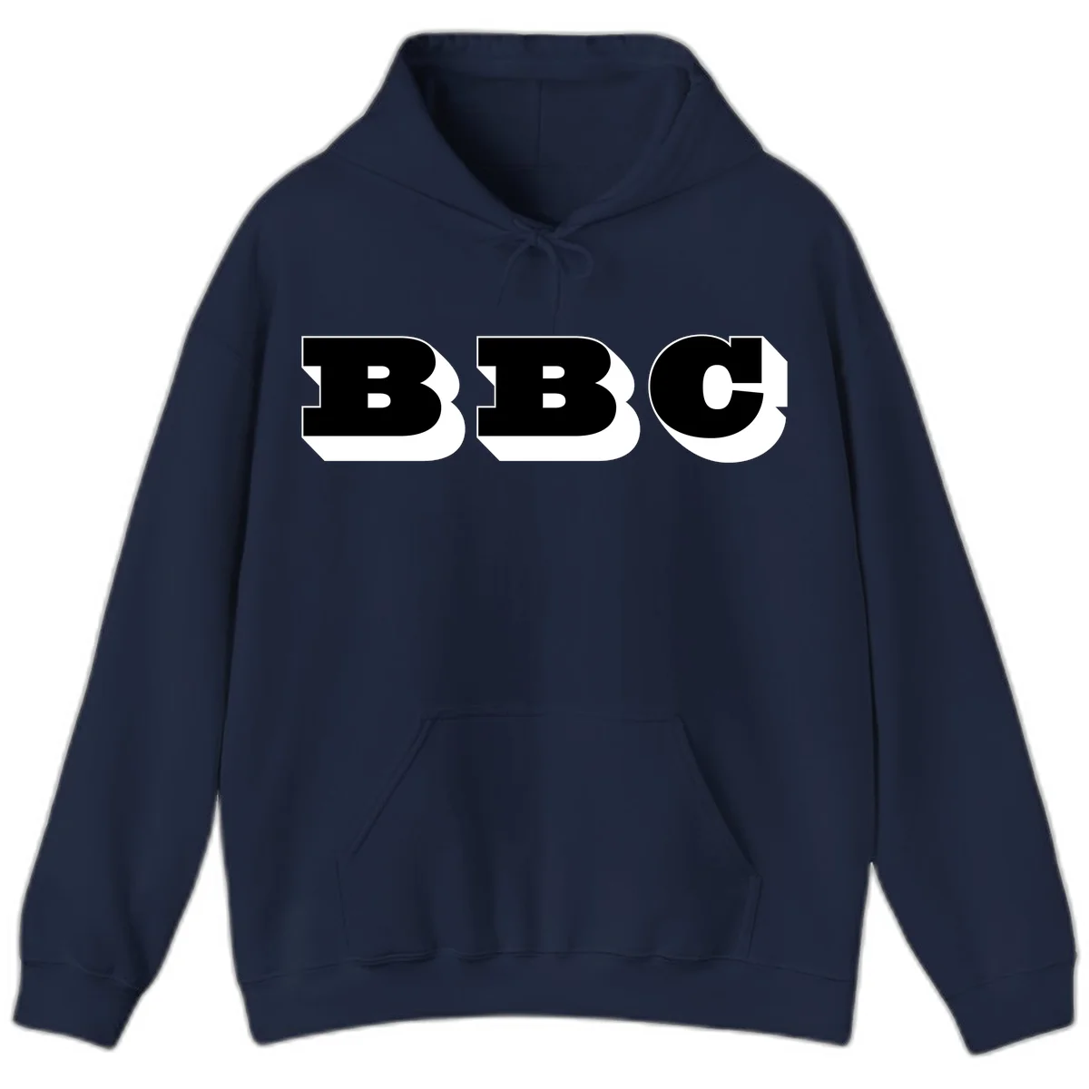 BBC bold typography design featuring three large geometric letters in black with white dimensional elements on gray background in Navy