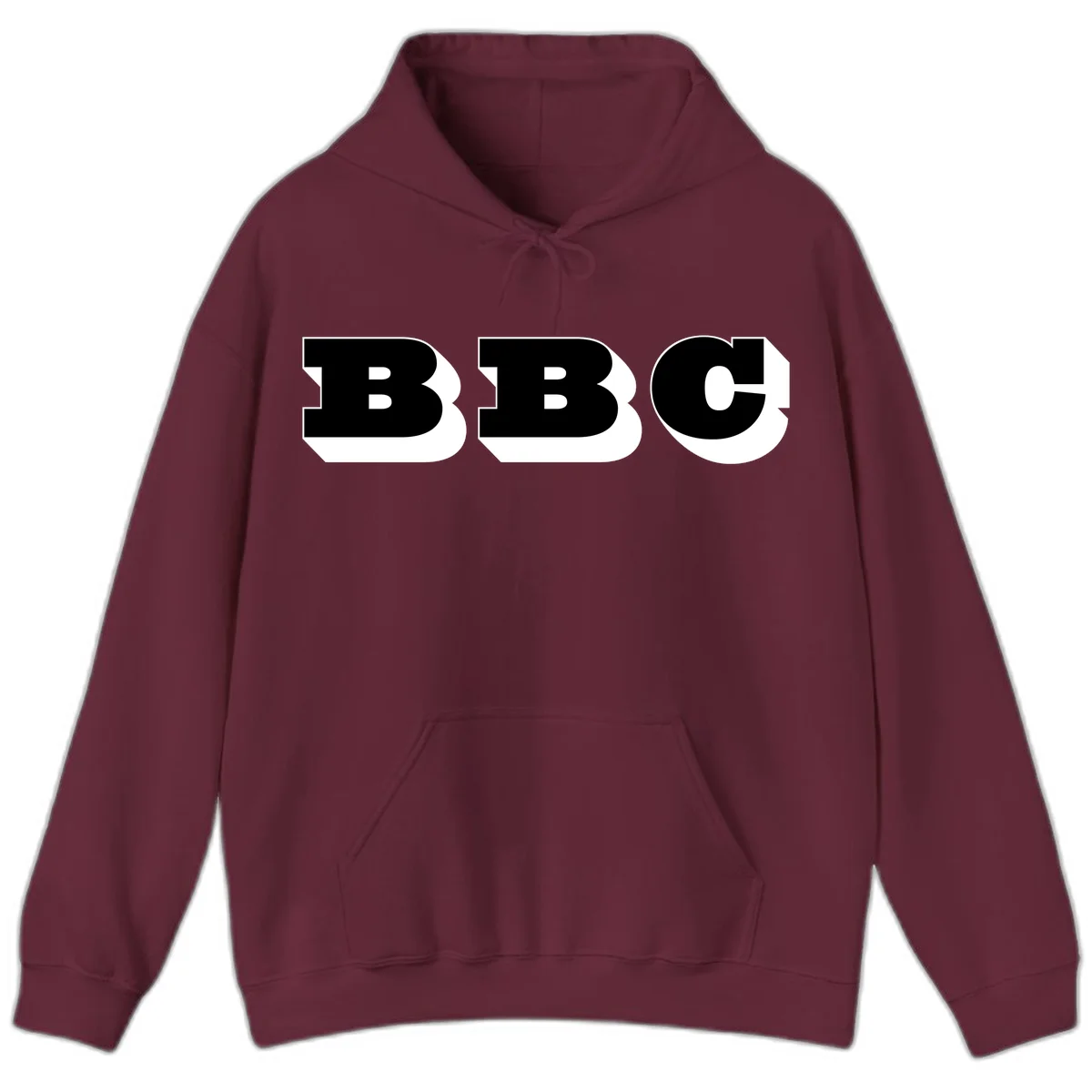 BBC bold typography design featuring three large geometric letters in black with white dimensional elements on gray background in Maroon