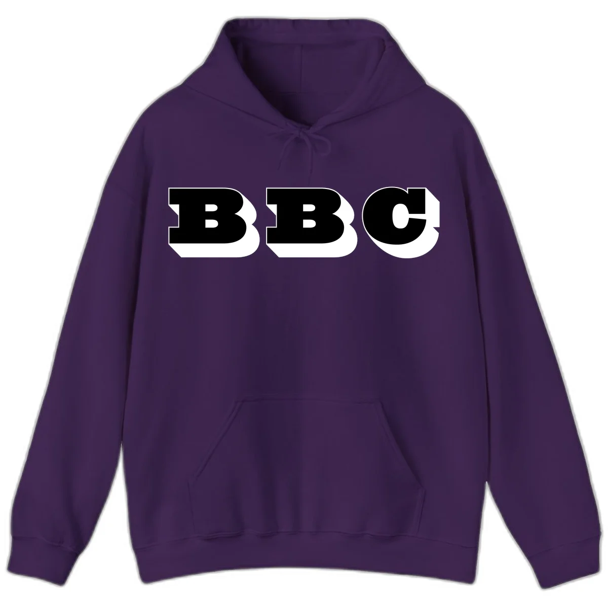 BBC bold typography design featuring three large geometric letters in black with white dimensional elements on gray background in Purple