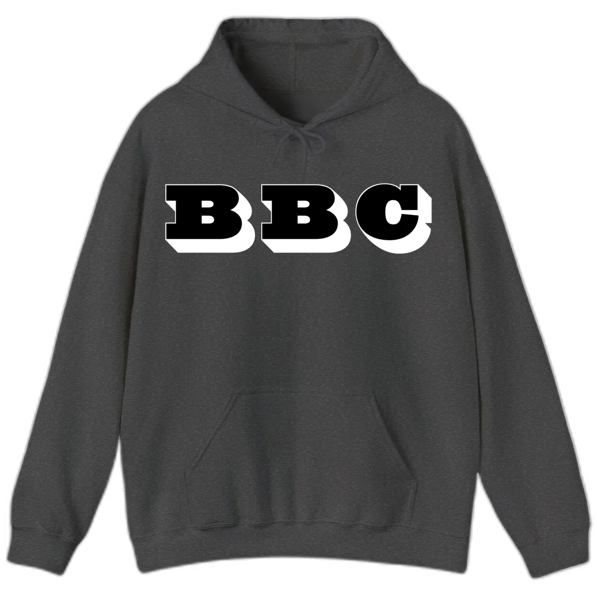 BBC bold typography design featuring three large geometric letters in black with white dimensional elements on gray background in Dark Heather