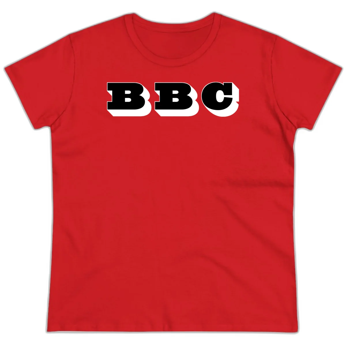BBC bold typography design featuring three large geometric letters in black with white dimensional elements on gray background in Red