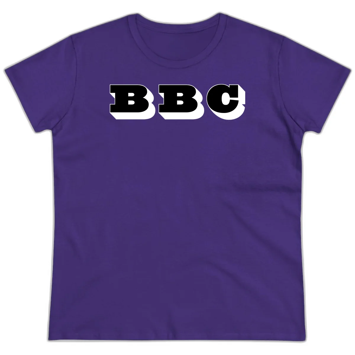 BBC bold typography design featuring three large geometric letters in black with white dimensional elements on gray background in Purple