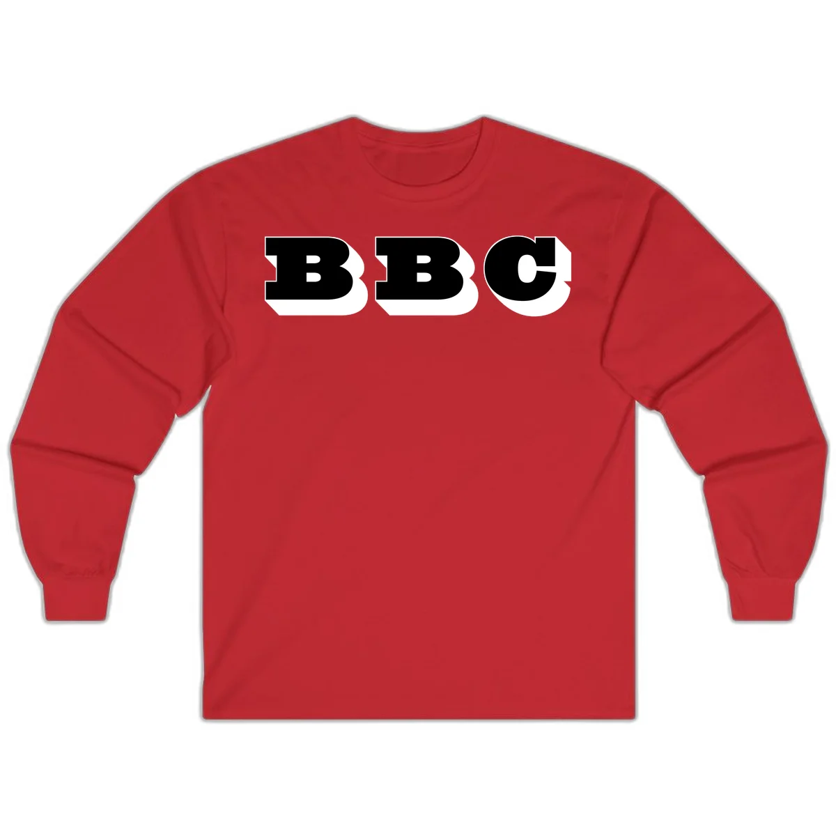 BBC bold typography design featuring three large geometric letters in black with white dimensional elements on gray background in Red